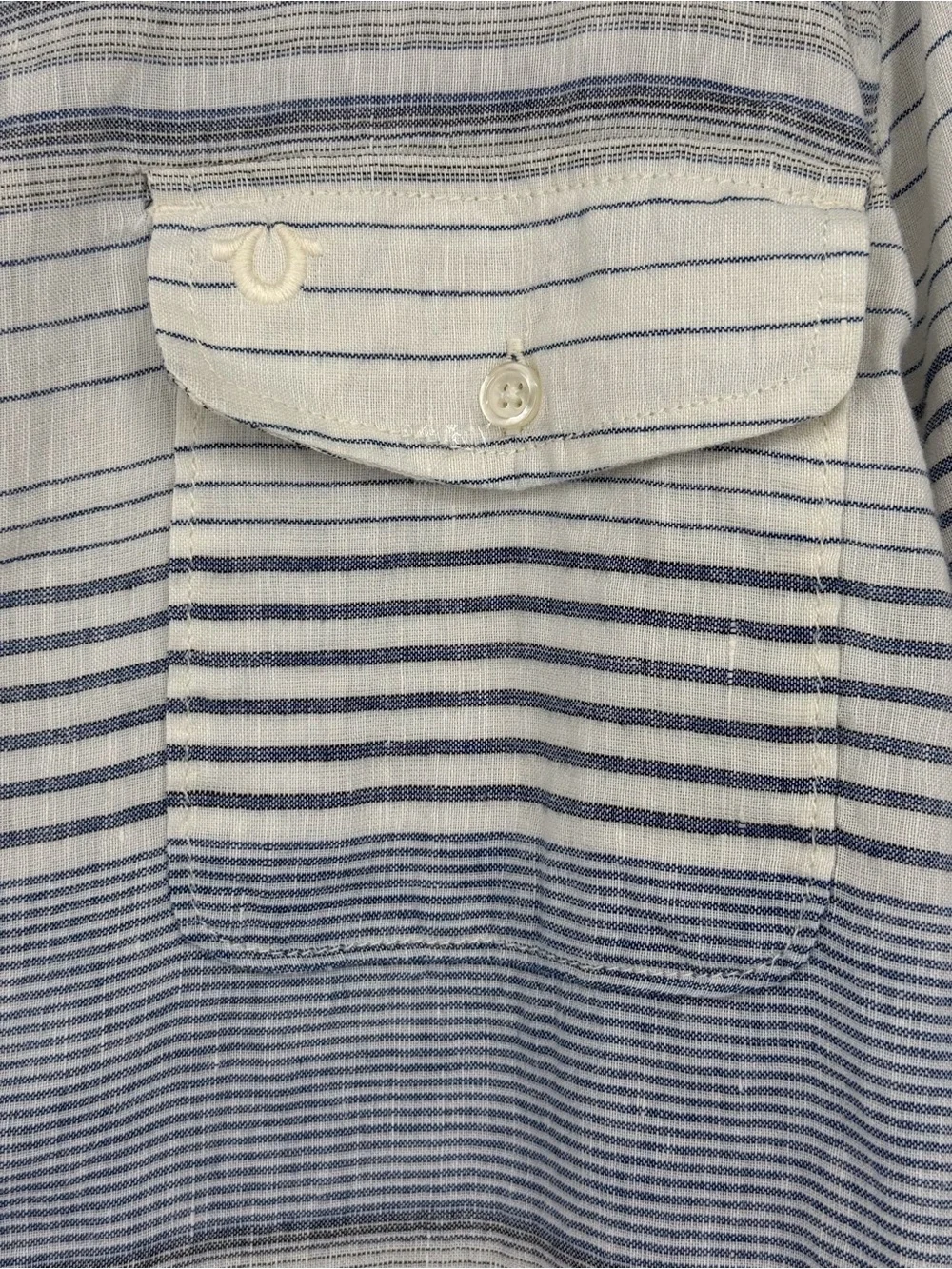True‎ Religion Linen Cotton Striped Button Up Shirt XXL Coastal Beach Nautical